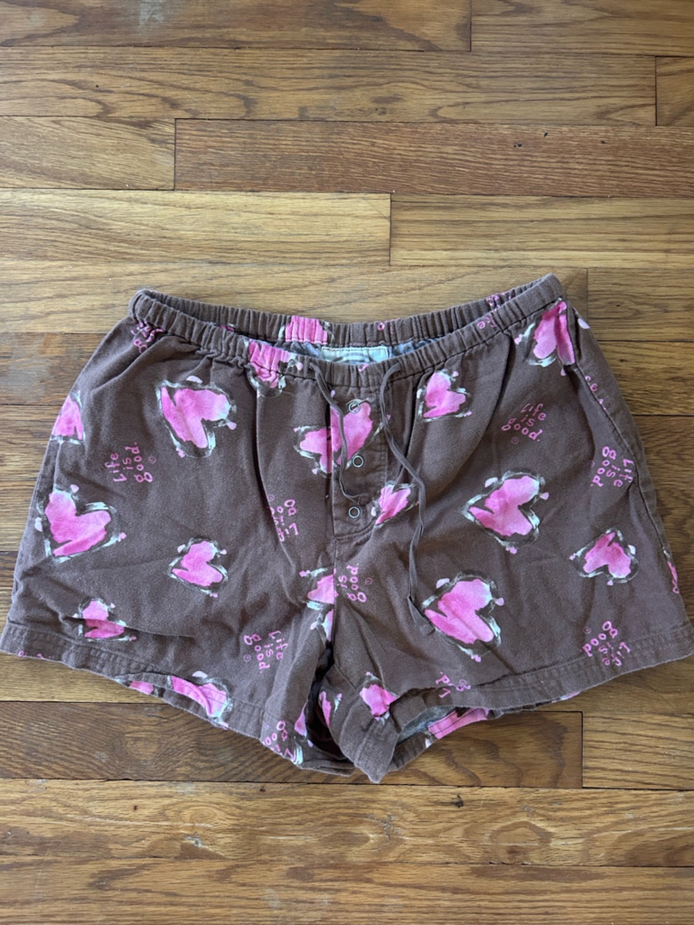Life Is Good Brown Shorts with Pink Heart Details
